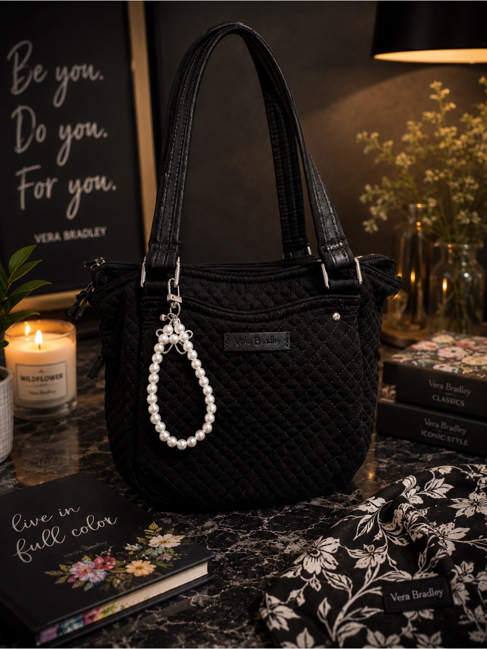Vera Bradley Black Quilted Shoulder Tote with Pearl Charm Loop